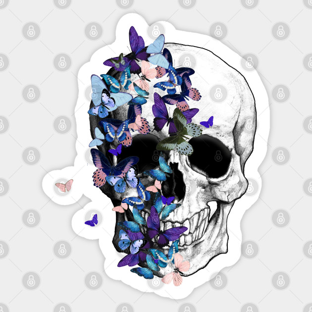 Skull With blue Butterflies Skull Art Design Sticker TeePublic